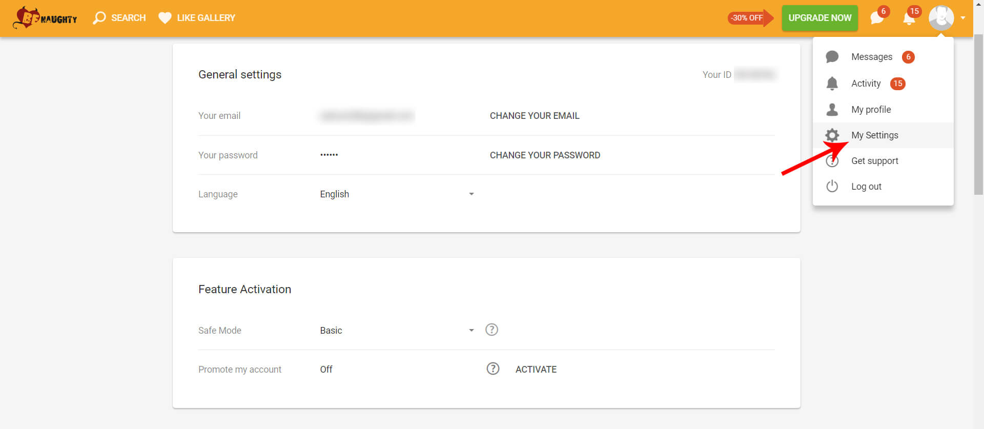 Benaughty Settings Page