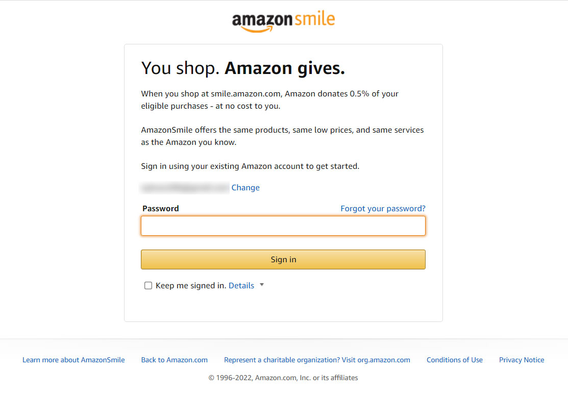 Enter Password to Sign in Amazon Smile